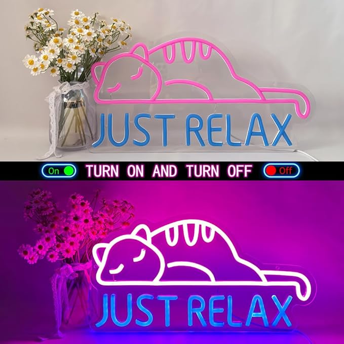 Cat Led Neon Sign Just Relax Words Neon Sign Pink Blue Led Signs for Wall Decor Animal Wall Art Neon Light Sign USB Powered for Pet Lover Party Bedroom Birthday Game Room Man Cave Gifts