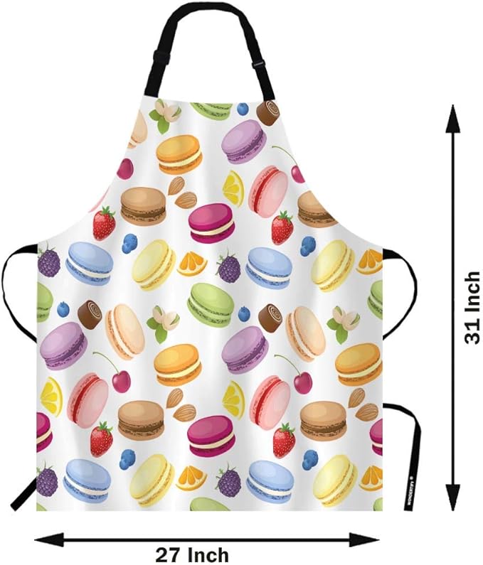 WONDERTIFY Macarons Apron,Colorful Macarons Cake and Various Fruits Bib Apron with Adjustable Neck for Men Women,Suitable for Home Kitchen Cooking Waitress Chef Grill Bistro Baking BBQ Cobbler Apron