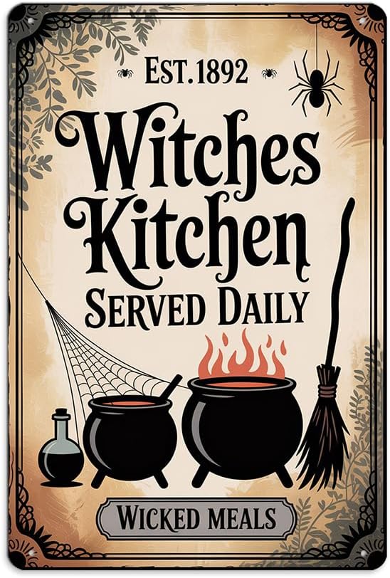 Vintage Halloween Metal Sign ''Witches Kitchen Served Daily'' Tin Sign - 8x12 Inch, Spooky Witches Cauldron Art Sign For Kitchen, Cafe, Garage Decor, Halloween Party Accessories, Halloween Decor by Unknown