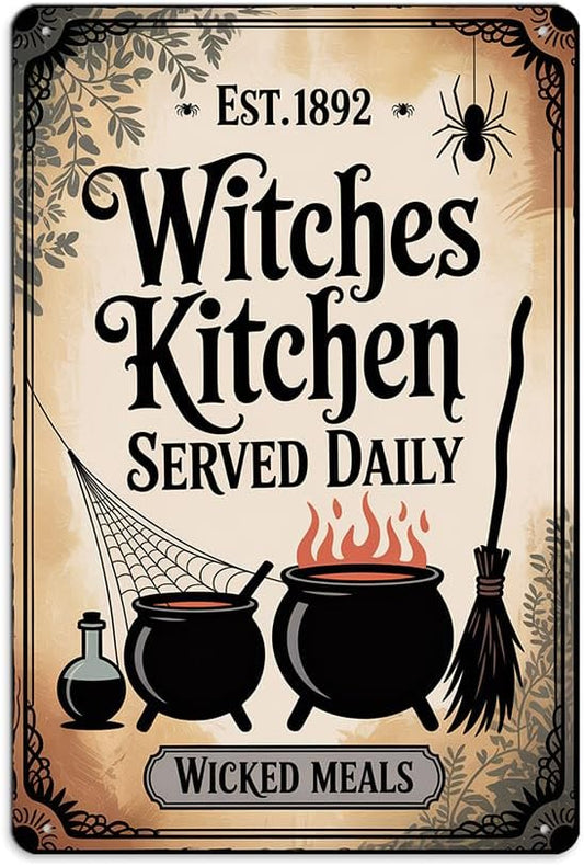 Vintage Halloween Metal Sign ''Witches Kitchen Served Daily'' Tin Sign - 8x12 Inch, Spooky Witches Cauldron Art Sign For Kitchen, Cafe, Garage Decor, Halloween Party Accessories, Halloween Decor by Unknown