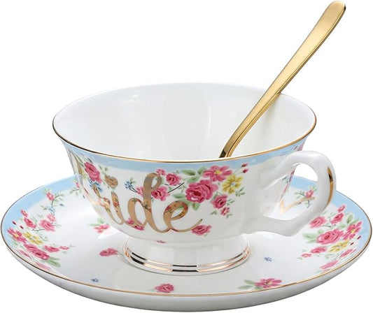 Rtteri Bride Teacup and Saucer Set 7oz Bridal Shower Teacup Porcelain Ceramic Tea Cups for Bridal Shower Tea Party Wedding Decor Victorian Elegant Coffee(Blue,Floral)