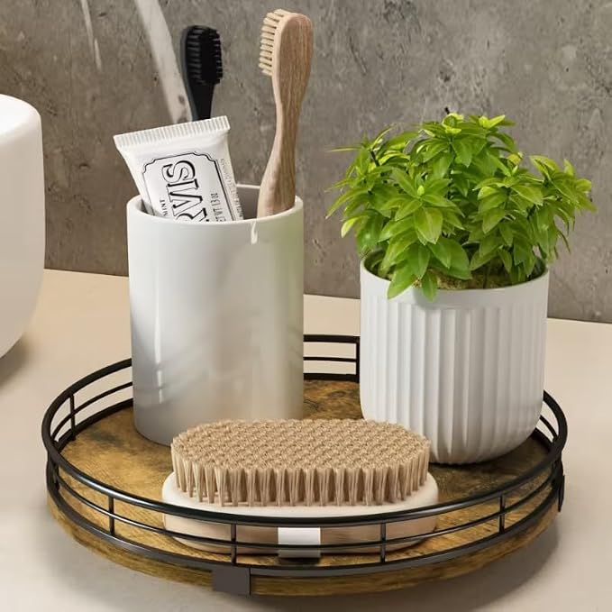 Lazy Susan Turntable Organizer for Table Top, 9’’ Round Wooden Lazy Susan for Cabinet Kitchen Countertop Pantry Dining Coffee Table for Condiments Spices, Rustic Bathroom Vanity Tray for Soap Candle by HGF