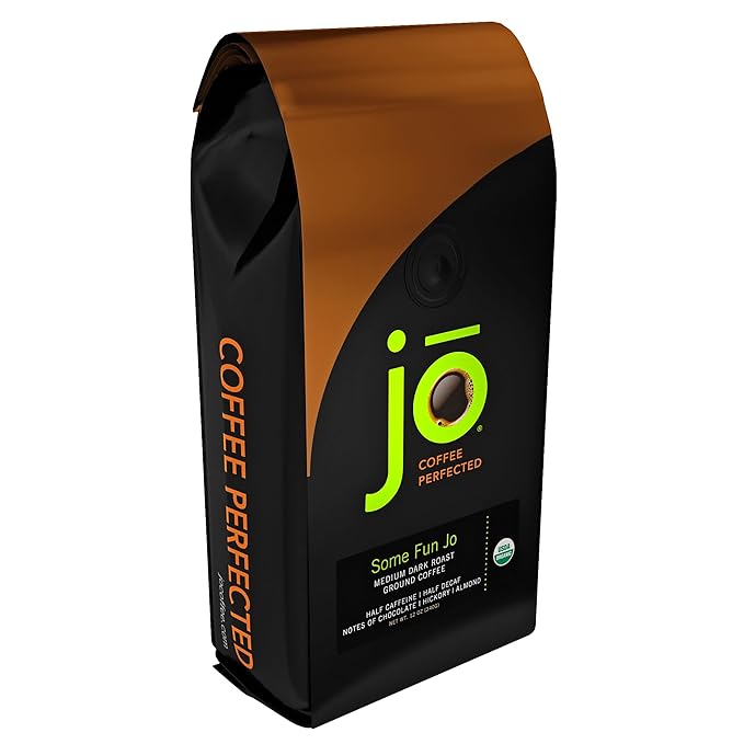 SOME FUN JO: 12 oz, Organic Half Caff Ground Coffee, 50/50 Regular/Decaf, Medium Dark Roast, Rich Tasting Notes, USDA Certified Organic, Kosher, Fair Trade, Gluten Free, Non-GMO, Chemical Free
