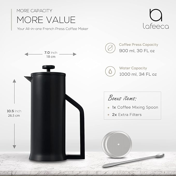 LAFEECA Modern Stainless Steel French Press Coffee Maker - Matt Black, 34oz Double Wall Vacuum Insulated, Unbreakable Design for Home & Office, Perfect for Coffee & Tea Lovers