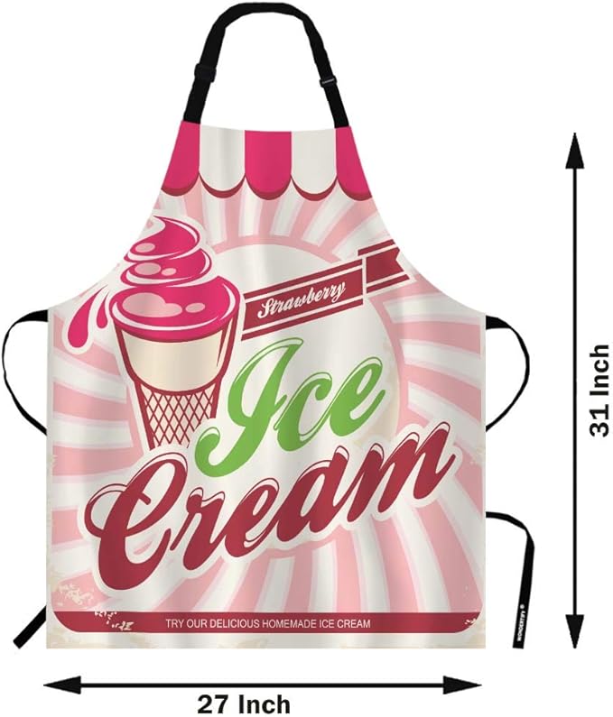 WONDERTIFY Ice Cream Apron,Vintage Background Ribbon with Delicious Homemade Dessert Strawberry Bib Apron with Adjustable Neck for Men Women,Suitable for Home Kitchen Cooking Waitress Chef Apron