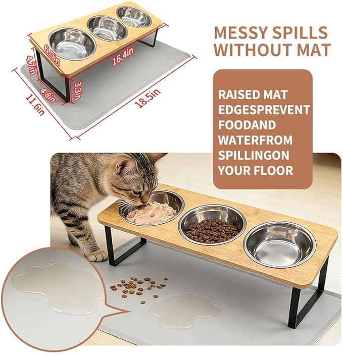 Elevated Cat Bowls with Silicone Mat – 3 Stainless Steel Bowls, 15° Tilted Bamboo Stand Feeding Station for Indoor Cats & Puppy, Anti Vomiting, Whisker Fatigue Relief & Healthy Digestion