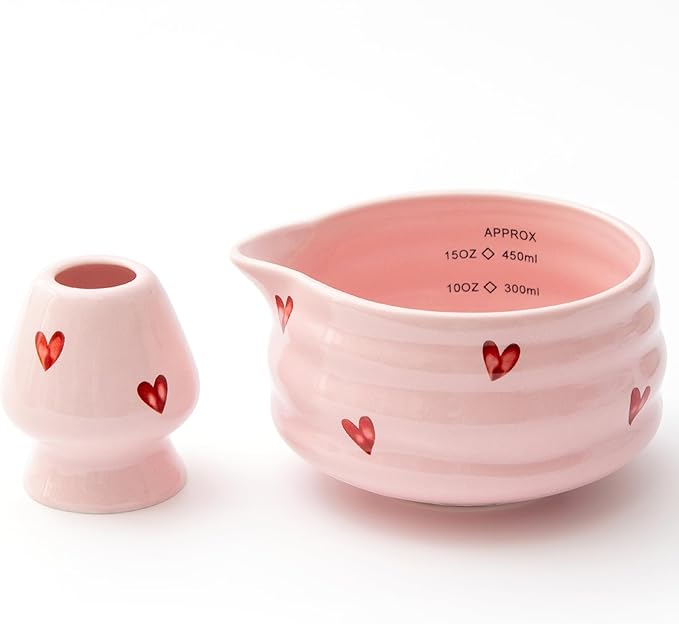 2pcs Matcha Bowl with Whisk Holder, Ceramic Pink Matcha Bowl with Spout, 16.5OZ Porcelain Bowl with Measurement Marks, Tea Mixing Bowl with Whisk Stand, Cute Valentine Gift (pink love)