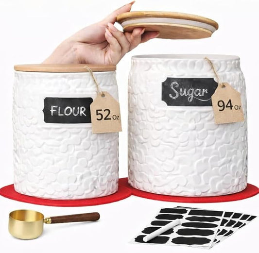 Canisters Set of 2 – White Ceramic Flour and Sugar Containers (94oz & 52oz) with Airtight Bamboo Lids, Decorative Kitchen Counter Storage Jars for Coffee & Pantry