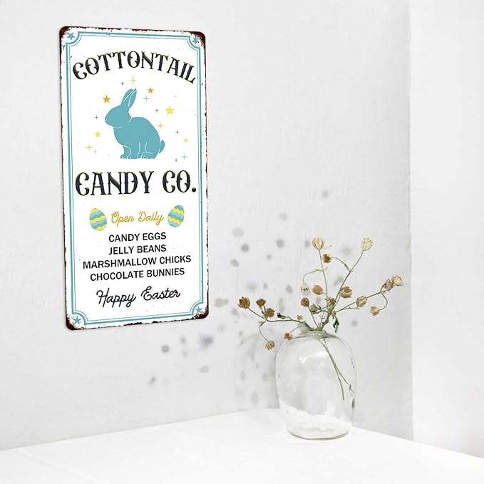 Cottontail Candy Co. Vintage Metal Tin Sign Bunny Rabbit Easter Eggs Print Poster Art Wall Decor Cute Novelty Sign for Home Farmhouse Kitchen Coffee Bar Yard Garden 6x12 Inch - Image 4
