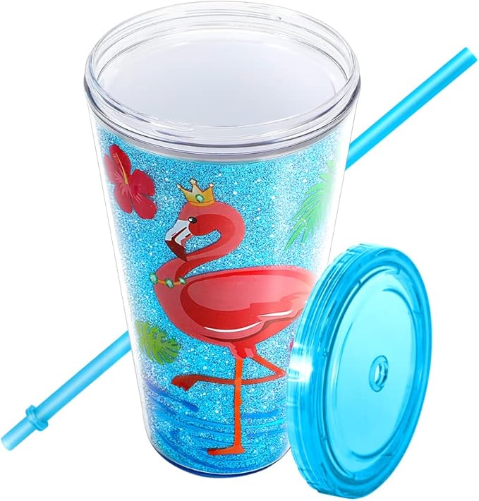 Cute Glitter Tumbler Cups with Lid and Straw, Double Wall Insulated Acrylic Cup, 22 oz / 650ml (Flamingo)