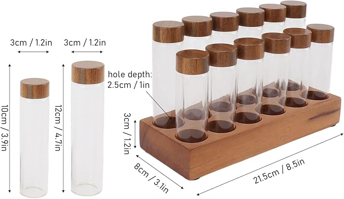 Fockety Coffee Bean Storage Tubes Single Dose, 6PCS or 12PCS Coffee Bean Cellar, Dosing Glass Vials with Lids, Wooden Display Stand and Funnel, Airtight Sealed Glass Canister Jars Tubes