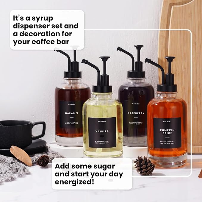 Molimoli Coffee Syrup Dispenser Set of 4, Glass Bottles with Pump, Maple & Coffee Syrup, Black - Image 8