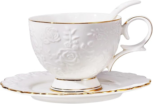 Tea Cup and Saucer Set for 1, Coffee Cup with Saucer and Spoon, Espresso Latte Cup for Women Gift, Dishwasher Safe, 6.8 Oz