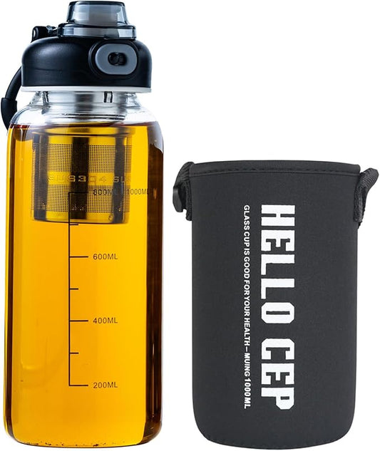 Snminetal 34oz Glass Water Bottle with Capacity Mark & Sleeve, BPA-Free Tea Bottle with Infuser for Hot & Cold Drinks, Tea, Coffee and Water for Gym, Home & Office