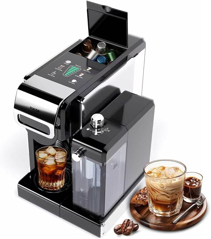 PULZO Espresso Machine with Integrated Automatic Milk Frother, capsule coffee maker for K*cup capsule/Ne*s Original/coffee powder, One Touch Latte & Cappuccino