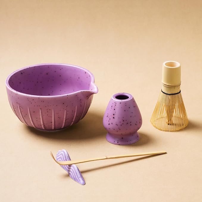 7Pcs Japanese Matcha Tea Set, Matcha Kit with Matcha Bowl (with Pouring Spout), Matcha Whisk, Whisk Holder, Strainer - Elegant Matcha Set for Gifting and Personal Use, Gift Box Packaging (Purple;)