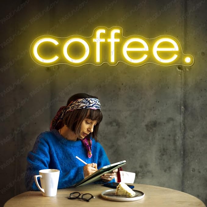 Coffee Neon Sign (48x12'', Remote and Plug included) Cafe Led Light coffee. led light coffee shop decorations wall decor (48x12" - Yellow)