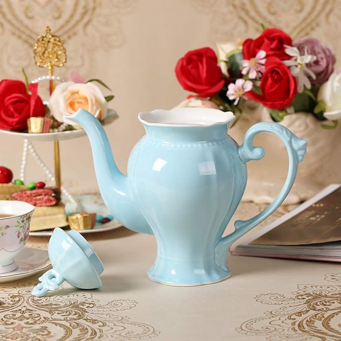 Fine Porcelain Light Blue English Teapot, Coffee Pot, Victoria Style, Light Weight, 37 Oz