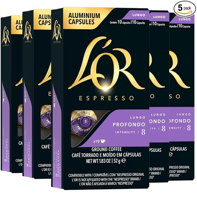 L'OR Espresso Capsules, 50 Count Profondo Lungo, Single-Serve Aluminum Coffee Capsules Compatible with the L'OR BARISTA System & *Nespresso Original Machines, 50 Count (Pack of 5)