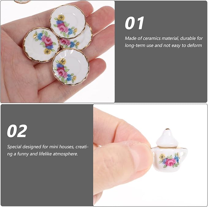 Kisangel Miniature Porcelain Tea Set 1/12 Scale Dollhouse Ceramic Teapot Cups and Saucers Mini Tea Party Accessories for Dollhouse Kitchen Decor