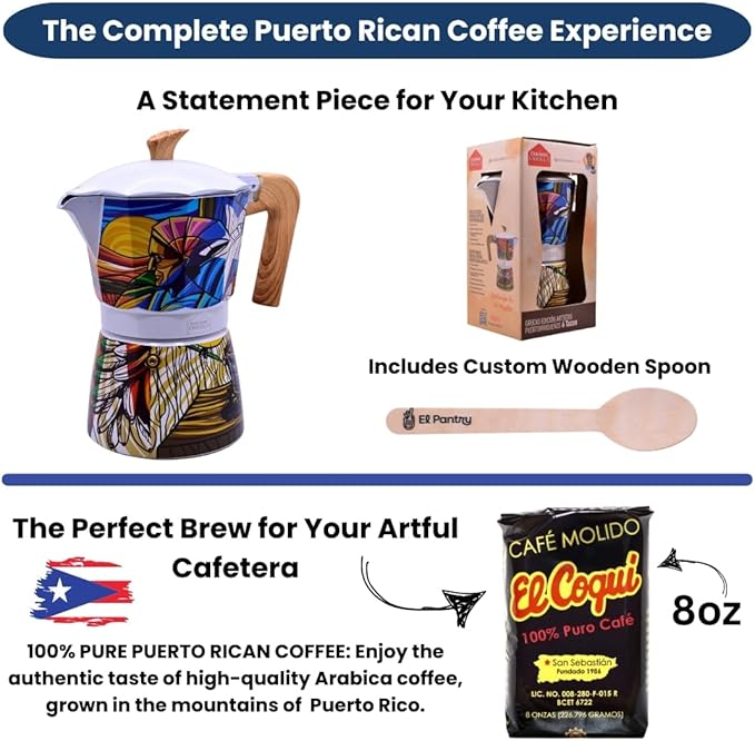Puerto Rico Greca de Cafe Gift Set | Boricua Art Stovetop Coffee Maker & Moka Pot | with Authentic Cafe El Coqui | Cafetera, 6 Espresso Cups