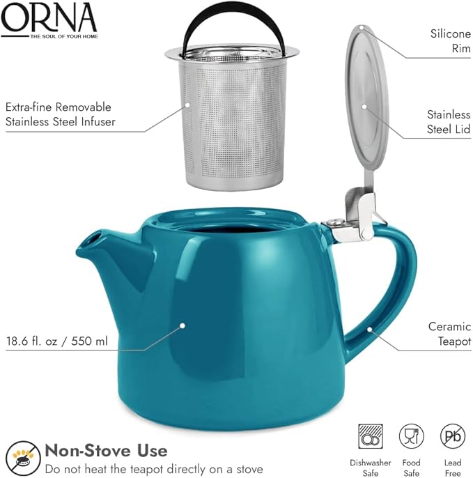 ORNA Ceramic Teapot with Tea Infuser – Small Tea Pot for Loose Leaf Tea – 550ml / 18.6 Oz Porcelain Non-Stove Teapot for 2 Cups with Tea Strainer (Ocean)