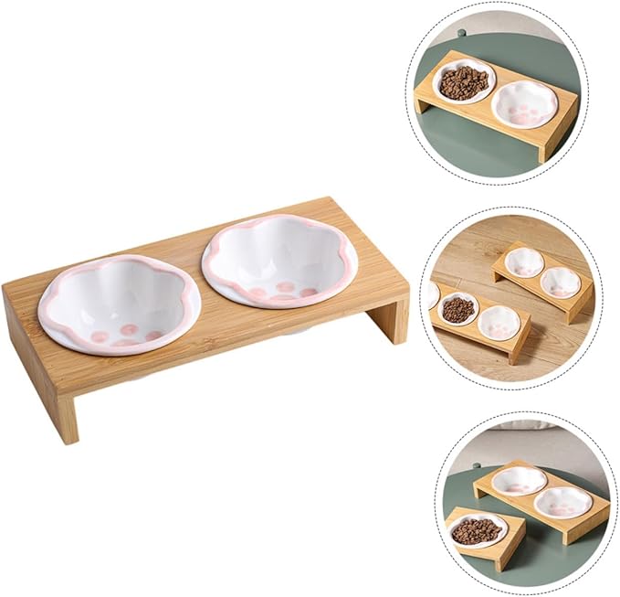 Whisker Friendly Cat Bowl Elevated Ceramic Pet Bowl Bamboo Rack Cat Food Indoor Dishes