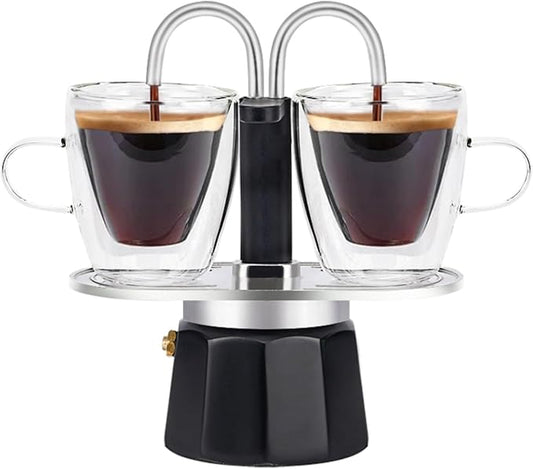 MVPLUE-Mini Express Double Tube Moka Pot Aluminum Black,Share fresh delicious coffee with a friend