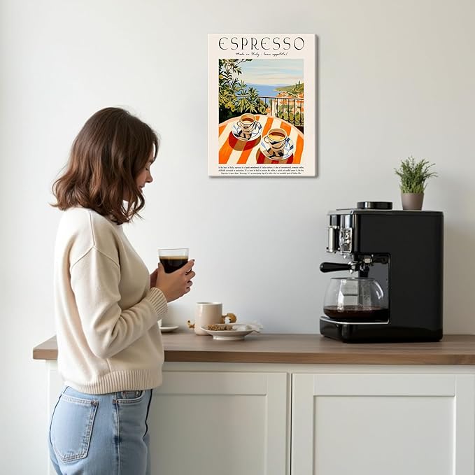 Vintage Espresso Kitchen Wall Art – Retro Italy Coffee Sign Canvas Prints – Framed Cozy Coffee Bar Wall Decor for Dining Room Kitchen Home Decoration – 16x24in