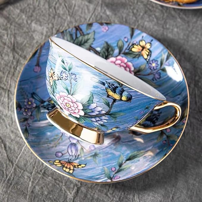 YBK Tech Euro Style Cup& Saucer Set Art Bone China Ceramic Tea Coffee Cup for Breakfast Home Kitchen- Birds and Trees Patterns (Blue Purple)
