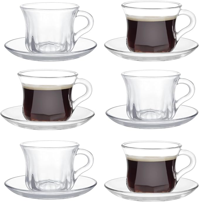 Glass Tea Cups and Saucers Set of 6, Clear Coffee Mugs with Stainless Steel Spoon, Dishwasher & Microwave Safe Teacups for Espresso Cappuccino Latte Tea Juice, 6OZ/180ML