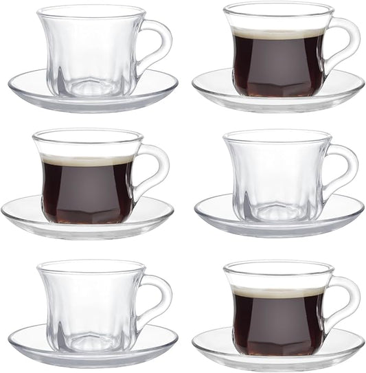 Glass Tea Cups and Saucers Set of 6, Clear Coffee Mugs with Stainless Steel Spoon, Dishwasher & Microwave Safe Teacups for Espresso Cappuccino Latte Tea Juice, 6OZ/180ML