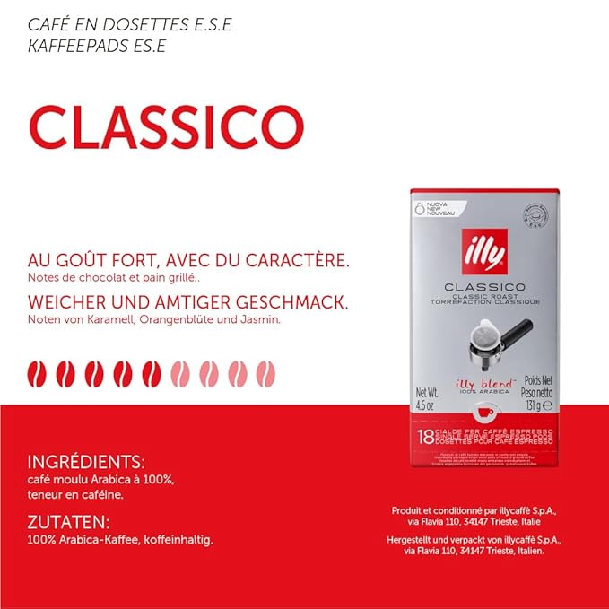 illy E.S.E. Coffee - Single-Serve Pods – Classico Medium Roast - Notes Of Chocolate & Caramel - For E_S_E Machines - Extraordinary Aroma & Body – 18 Count (Pack of 4)