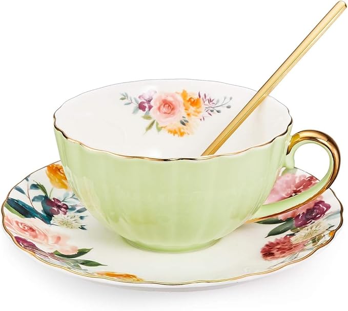 ONEUSTAR Tea Cup and Saucer Set for 1 Bone China Floral English Teacup 8 oz Coffee Cup for Women Tea Parties Birthday Christmas Gift, Light Green