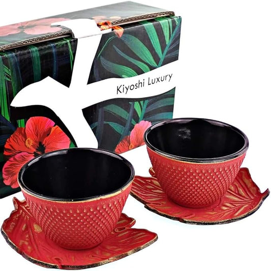 4pc Japanese Tea Cups Set. Red and Gold Cast Iron Tea Cup Set, 2 Tea Cups and Saucers. 4oz Teacup Set For Any Japanese Tea Set or Teapot.