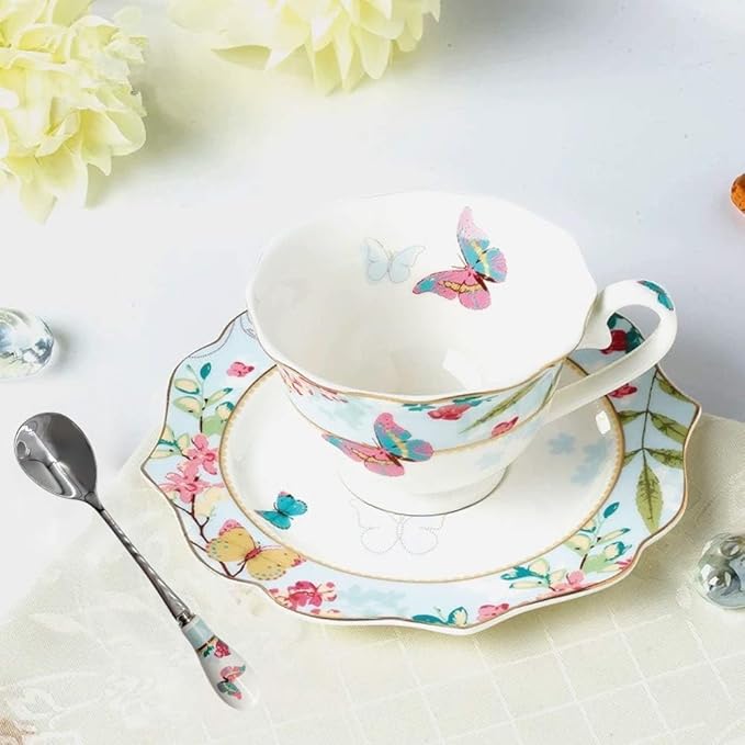 Vintage Ceramic Teacup, Elegant Coffee Cup, Royal Bone Tea Cups with Spoon and Saucer Set (Blue)