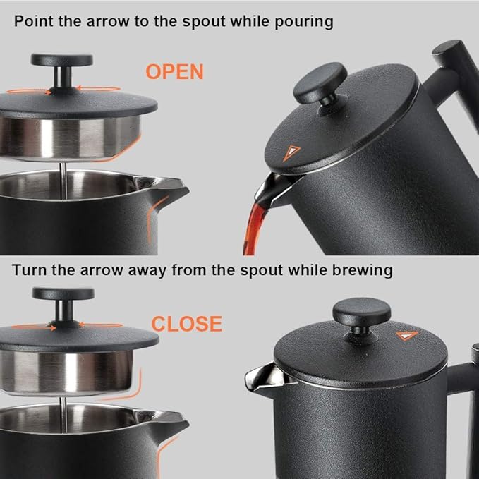 Secura French Press Coffee Maker, 304 Grade Stainless Steel Insulated Coffee Press with 2 Extra Screens, 34oz (1 Litre), Black