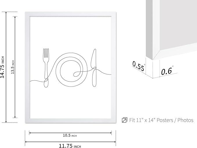 Poster Master Vintage Minimalist Poster - Retro Illustration Print - Fork, Plate, Knife, Line Drawing, Simple - Gift for Artist, Friend - Wall Decor for Kitchen, Restaurant, 11x14 White Framed