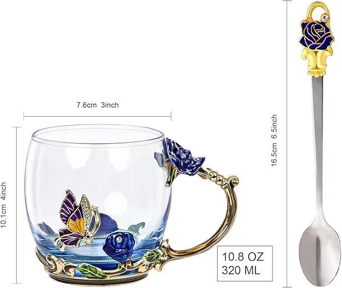 Flower Tea Cup,Butterfly Rose Clear Glass Fancy Coffee Mug with Spoon,Gift Box for Her Mom Wife Grandma Girls Women Christmas Birthday Present Idea for Juice,Hot And Cold Drinks Use