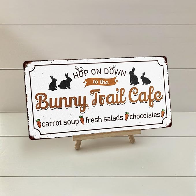 Bunny Trail Cafe Vintage Metal Tin Sign Bunny Rabbit Carrot Print Poster Art Wall Decor Easter Cute Novelty Sign for Home Farmhouse Kitchen Coffee Bar Yard Garden 6x12 Inch - Image 4