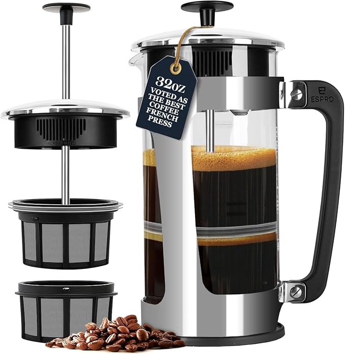 ESPRO P5 French Press Coffee Maker – Patented Double Micro-Filter for Grit Free Brew, Heat-Resistant Thicker Borosilicate Glass Coffee Press – 32 oz