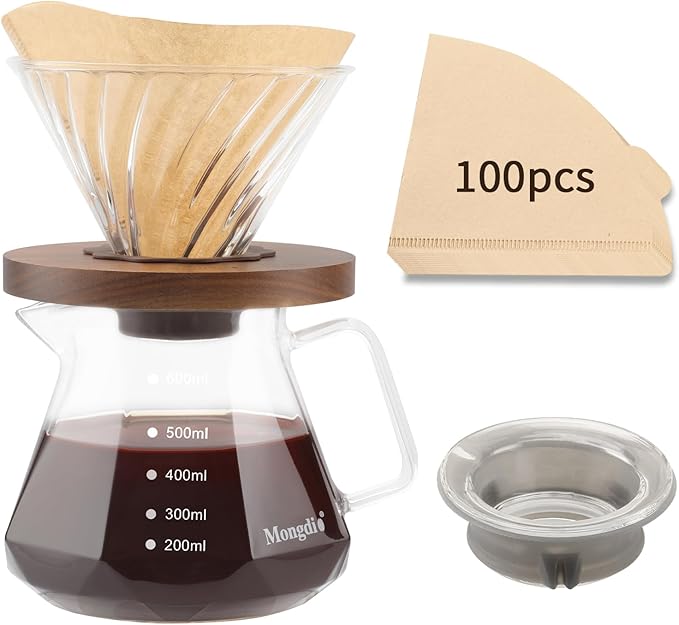 Mongdio Pour Over Coffee Maker, 20 oz High-Heat Borosilicate Glass Coffee Maker with 100pcs Paper Filters, 5 in 1 Drip Coffee Maker Set for Home Café Restaurant and Camping - 600ml, Clear