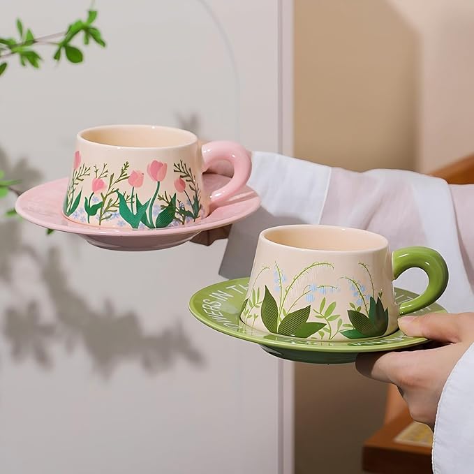 Cute Ceramic Coffee Mug and Saucer Set for Women, Spring Floral Embossed Design, 9.5oz/280ml, Perfect for Home, Office & Holiday Gifts (Black Lily)