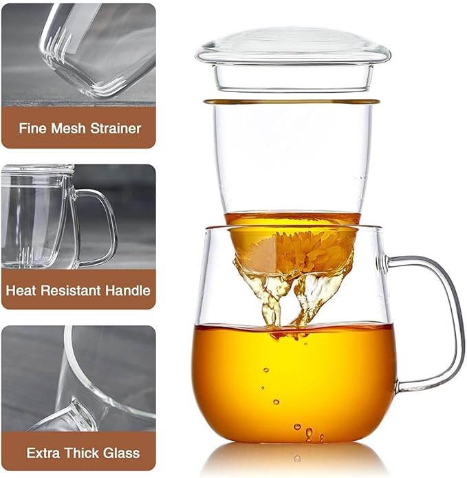 Glass Teacups 24 Pack Glass Tea Cup with Infuser and Lid, 17.6oz/520ml Large Borosilicate Teacup,Tea Clear Mug Cup for Loose Leaf Blooming Tea, Microwave & Dishwasher Safe.