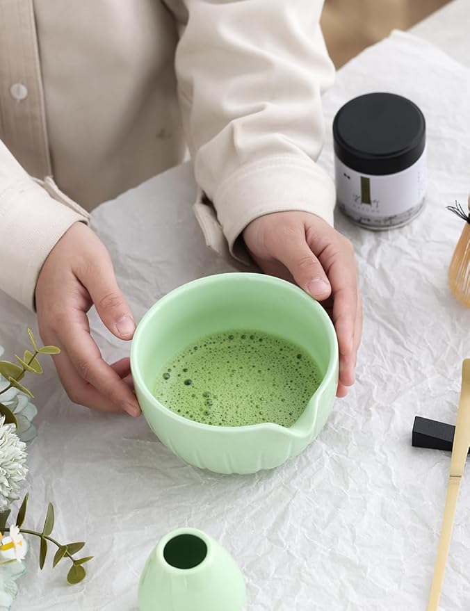 TANG PIN Matcha Set - Match Bowl and Whisk, 15 OZ, Matcha Scoop | Matcha Whisk Stand (Chasen Holder) - 5pc Perfect Matcha Kit for Matcha Tea Ceremony (Green)
