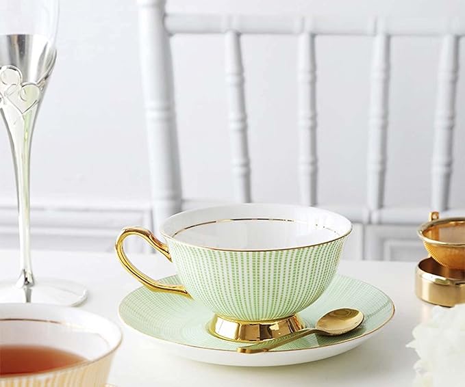Bone China Tea Cup Set with Saucer Spoon - 3 Piece Set (7oz) - Cappuccino & Latte Cups - Mother's Day Gift