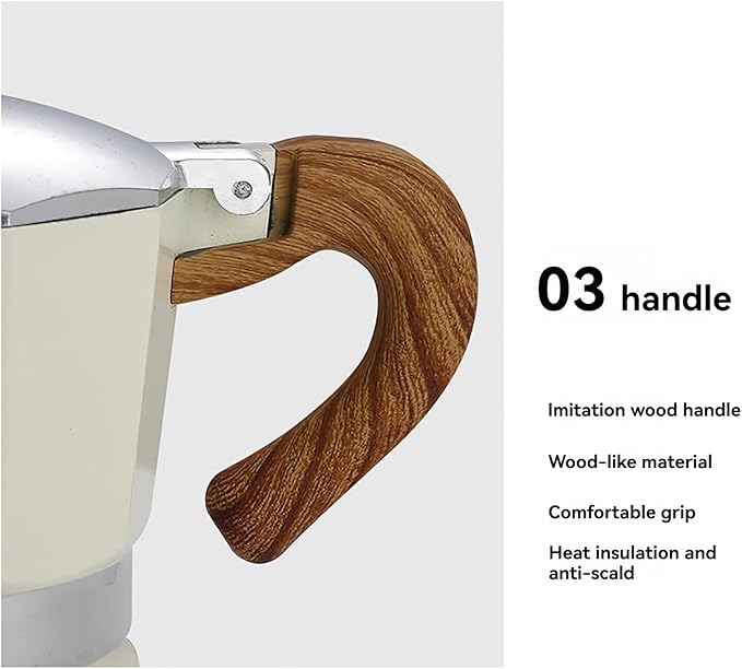 Kingdong Stovetop Moka Pot with Wooden Handle, 6-Cup Italian Style Coffee Maker, Black and Cream Aluminum Espresso Brewer (White, 6 cup)