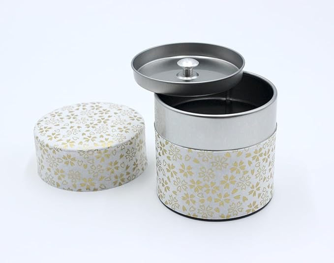 Japanese Pokkan Matcha Coffee Spice Tea Tin Canister Washi Paper Storage with Lid 7.05 oz Capacity (Kenran Hana,S)