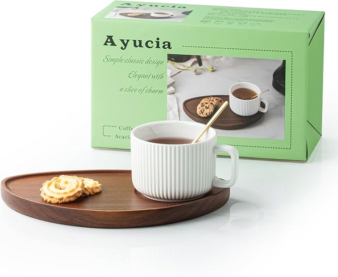 Tea Cup and Saucer Set, 8OZ Cappuccino Cup with Acacia Serving Saucer and Spoon, White Cream Ceramic Coffee Mug with 9.4inch Wooden Plate for Latte Dessert Breakfast