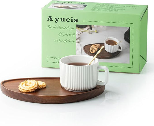Tea Cup and Saucer Set, 8OZ Cappuccino Cup with Acacia Serving Saucer and Spoon, White Cream Ceramic Coffee Mug with 9.4inch Wooden Plate for Latte Dessert Breakfast